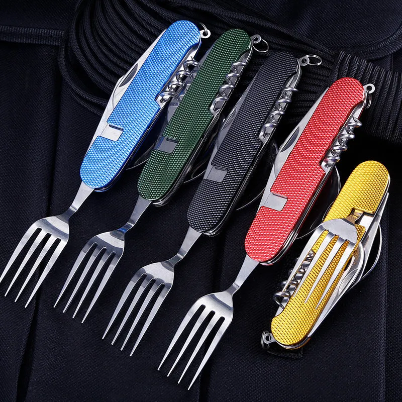 Outdoor portable gift knife stainless steel multifunctional foldable camping cutlery set with spoon fork and knife