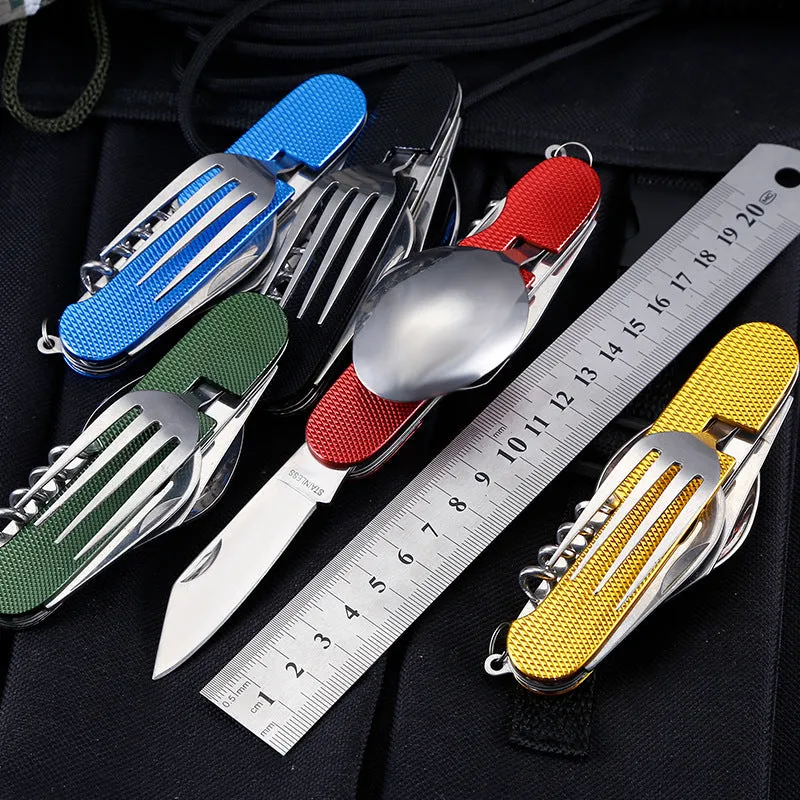 Outdoor portable gift knife stainless steel multifunctional foldable camping cutlery set with spoon fork and knife