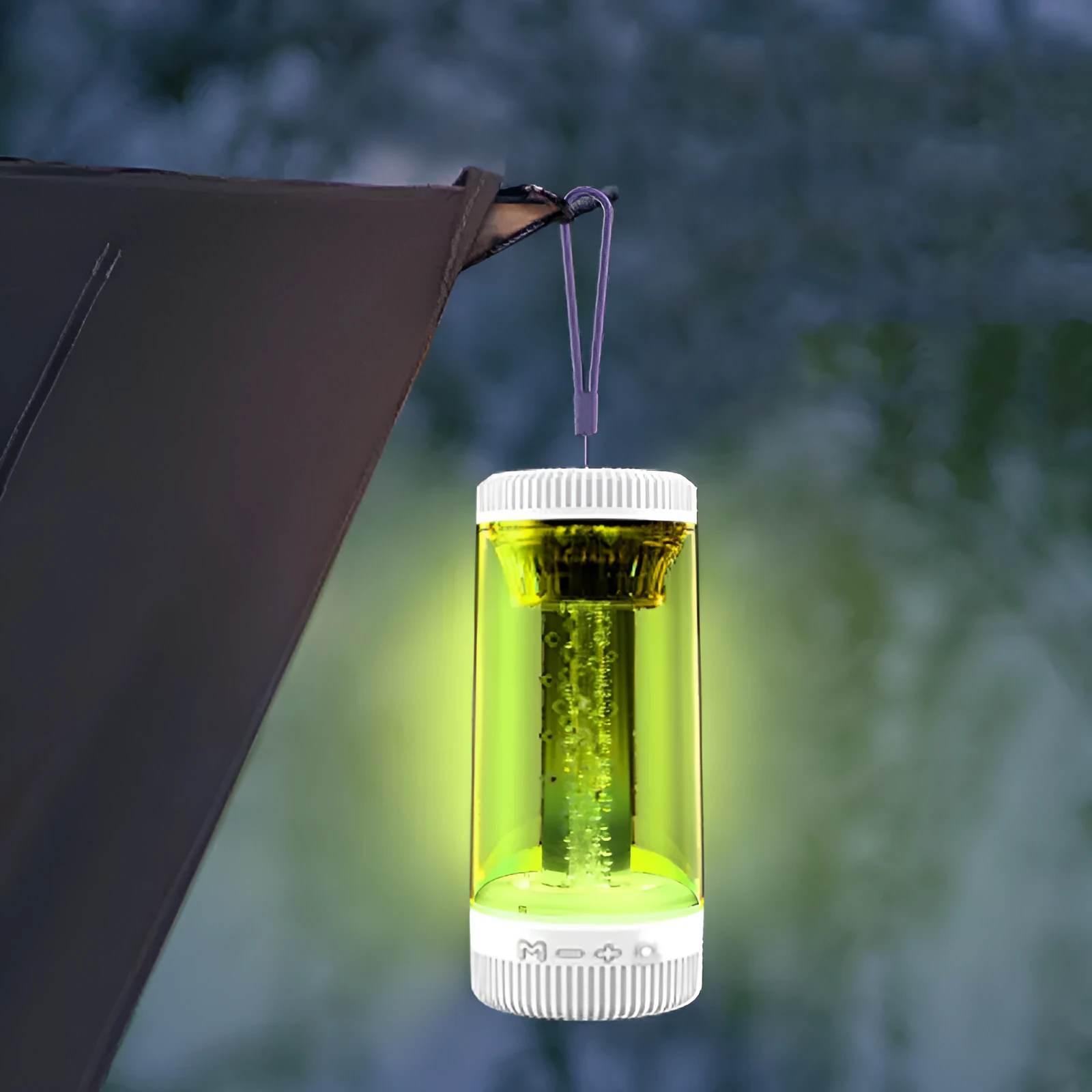 Black portable Bluetooth speaker with LED camping light, USB plug, 190mm tall