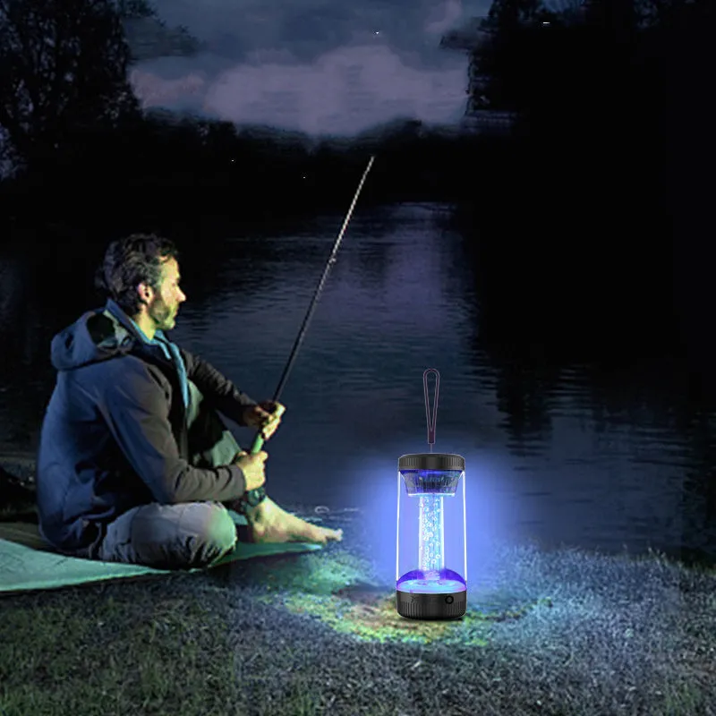 Black portable Bluetooth speaker with LED camping light, USB plug, 190mm tall