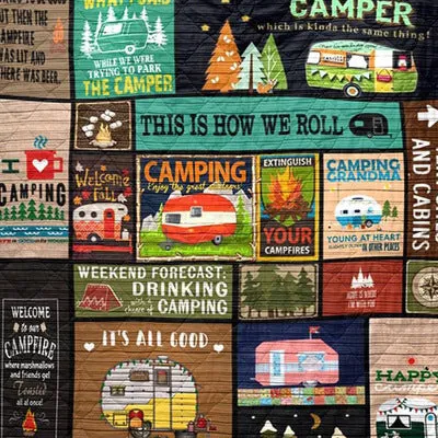 Outdoor camping blanket made from soft 100% polyester in a picnic setting with green grass background