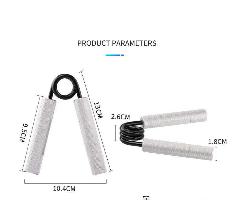 Aluminium alloy hand gripper with spring steel resistance on a neutral background