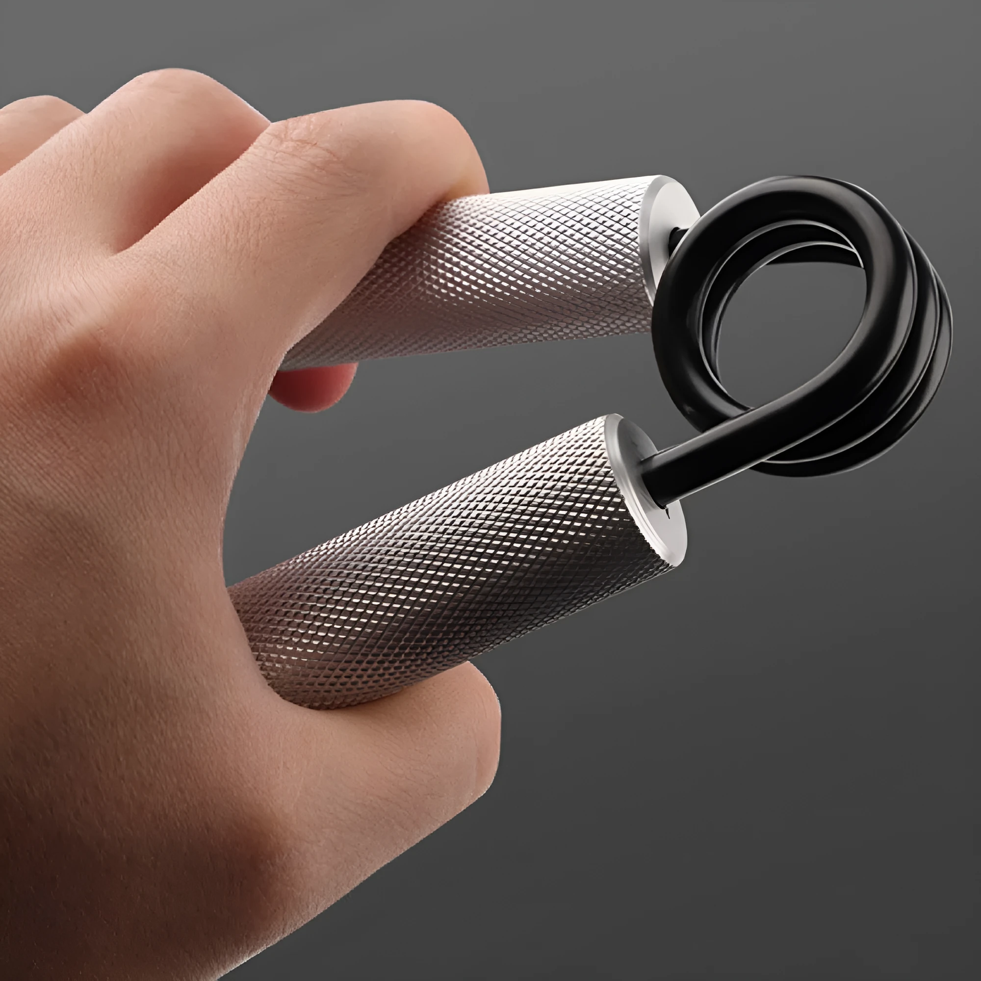 Aluminium alloy hand gripper with spring steel resistance on a neutral background