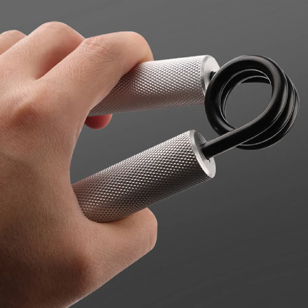 Aluminium alloy hand gripper with spring steel resistance on a neutral background