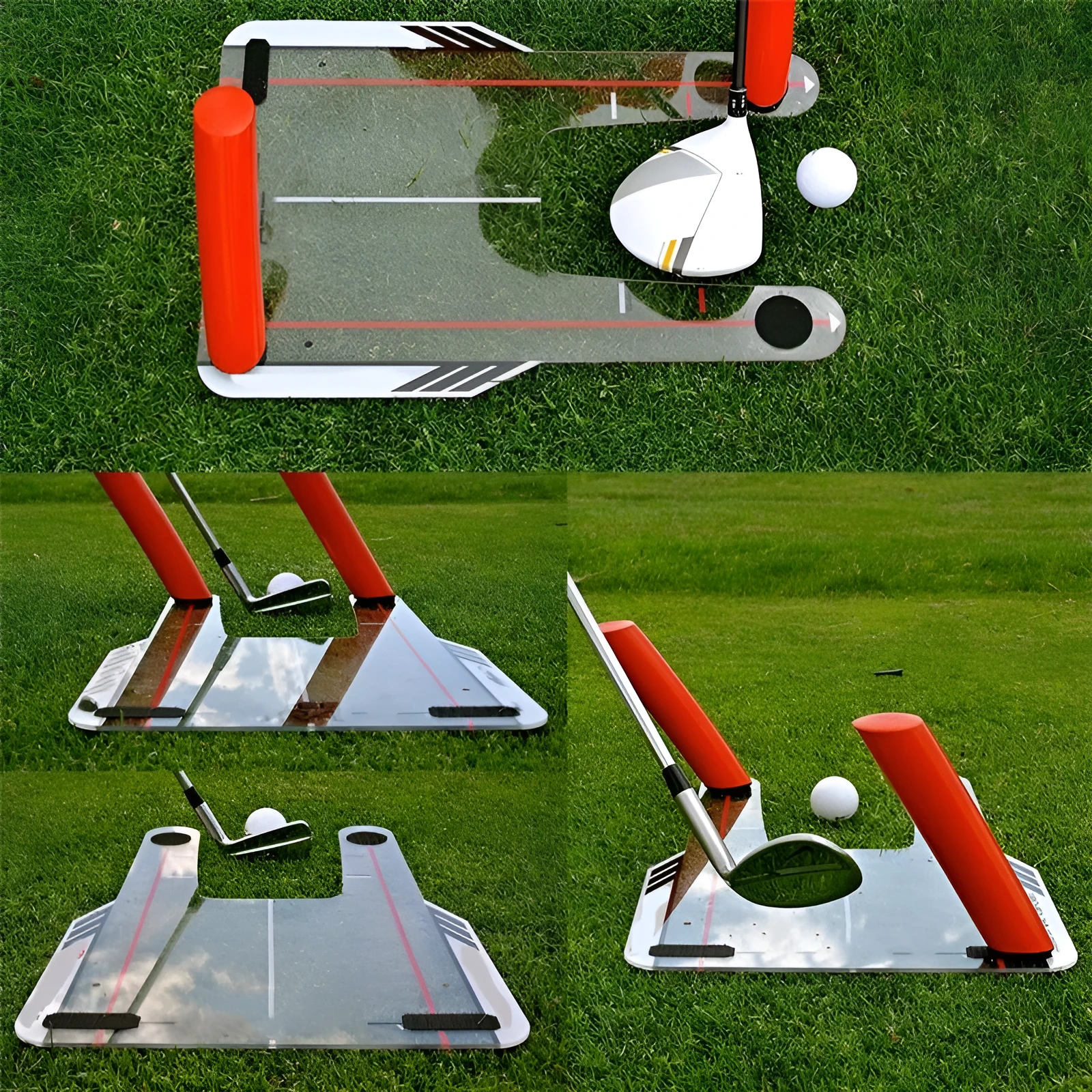 Red plastic putting practice mirror for golf training aid on green surface