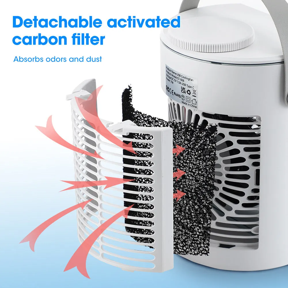 New mini air cooler with USB power, humidification spray fan, and three speed settings on a desk