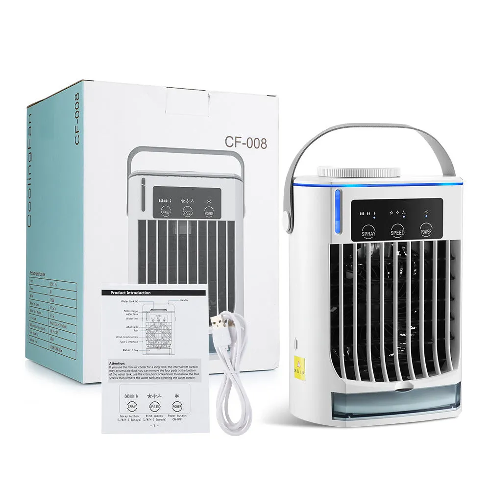 New mini air cooler with USB power, humidification spray fan, and three speed settings on a desk