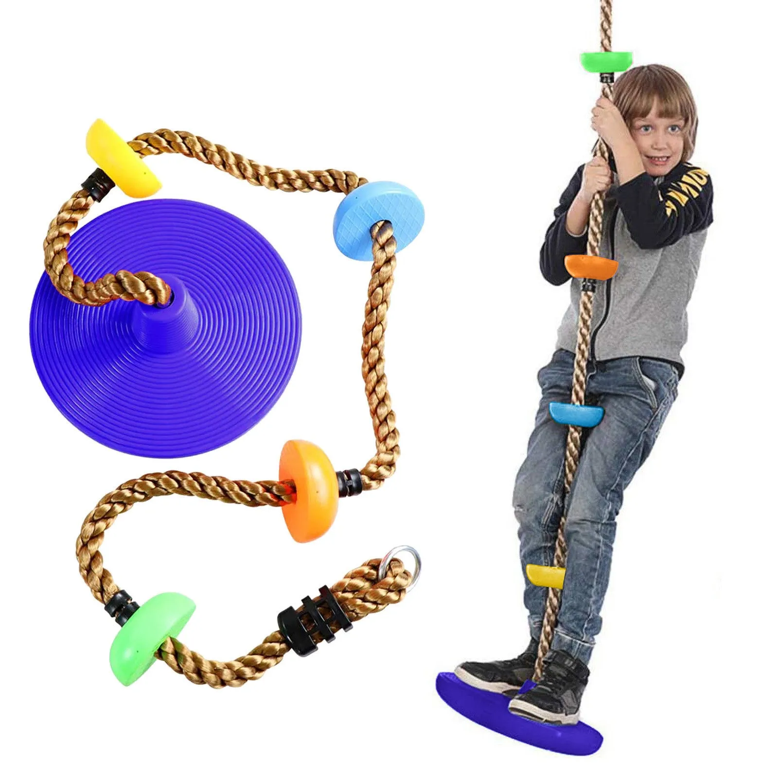 Plastic children's swing set with four colour-coded platform discs and rope for outdoor play