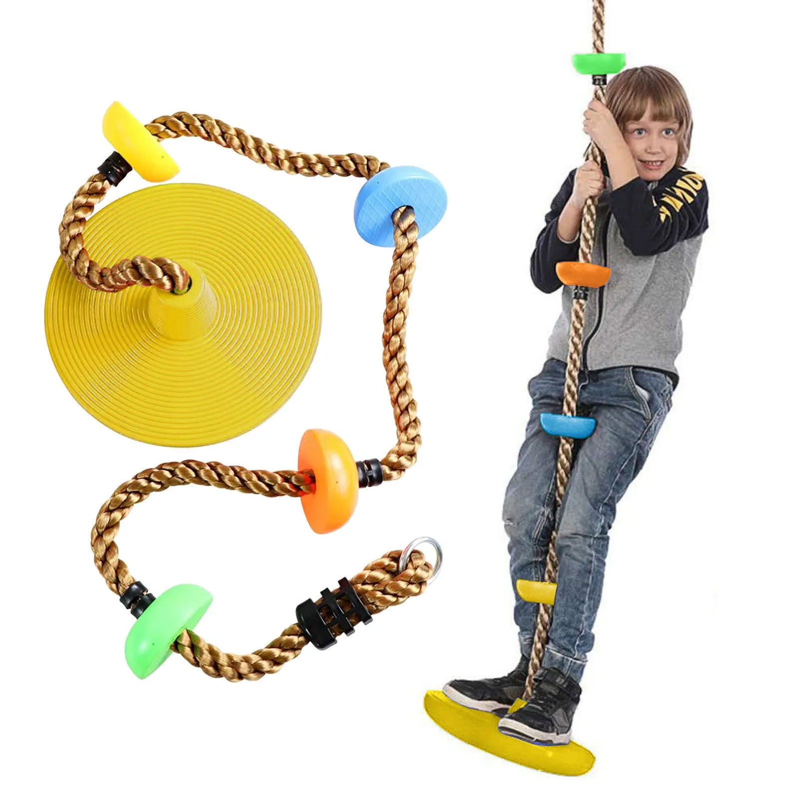 Plastic children's swing set with four colour-coded platform discs and rope for outdoor play
