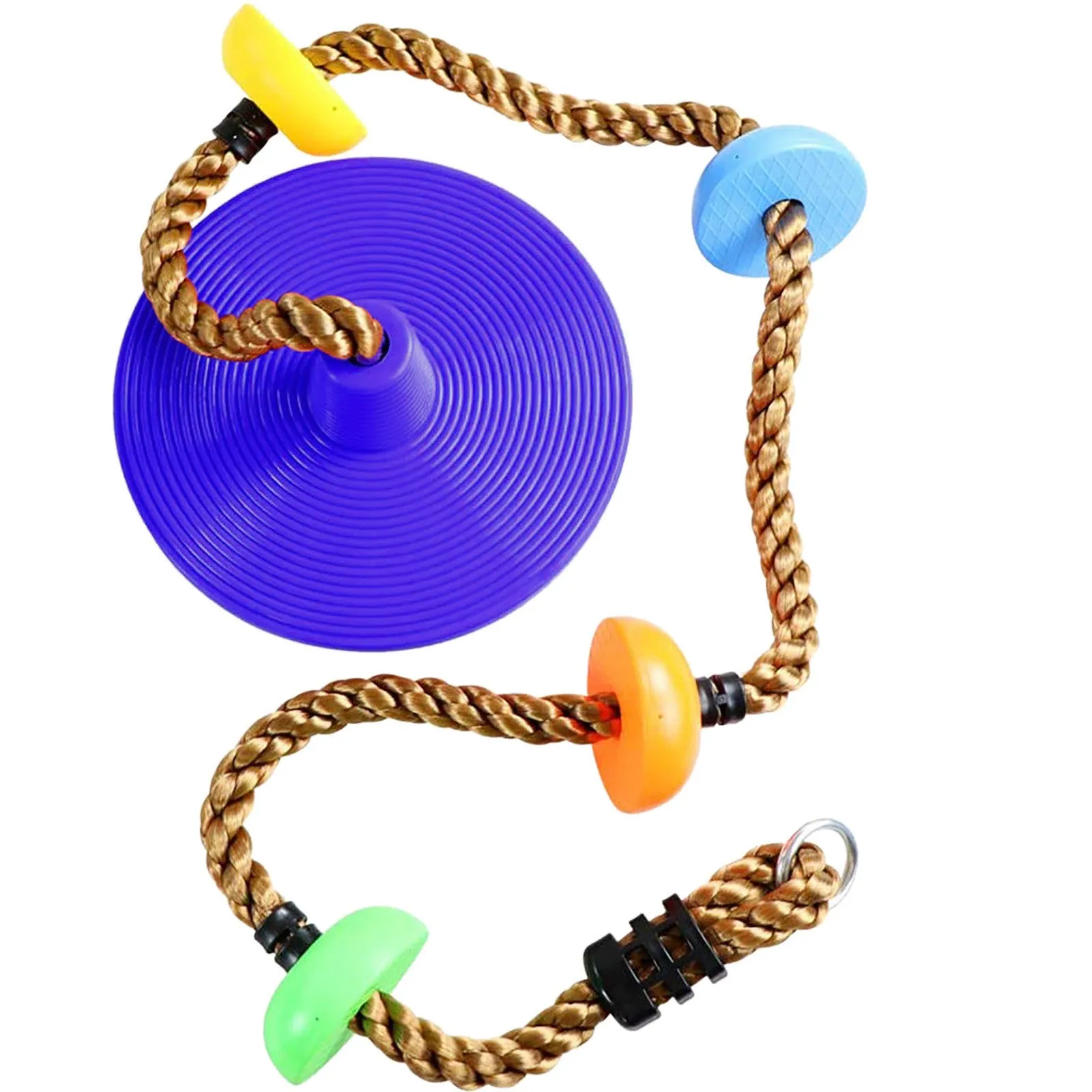 Plastic children's swing set with four colour-coded platform discs and rope for outdoor play