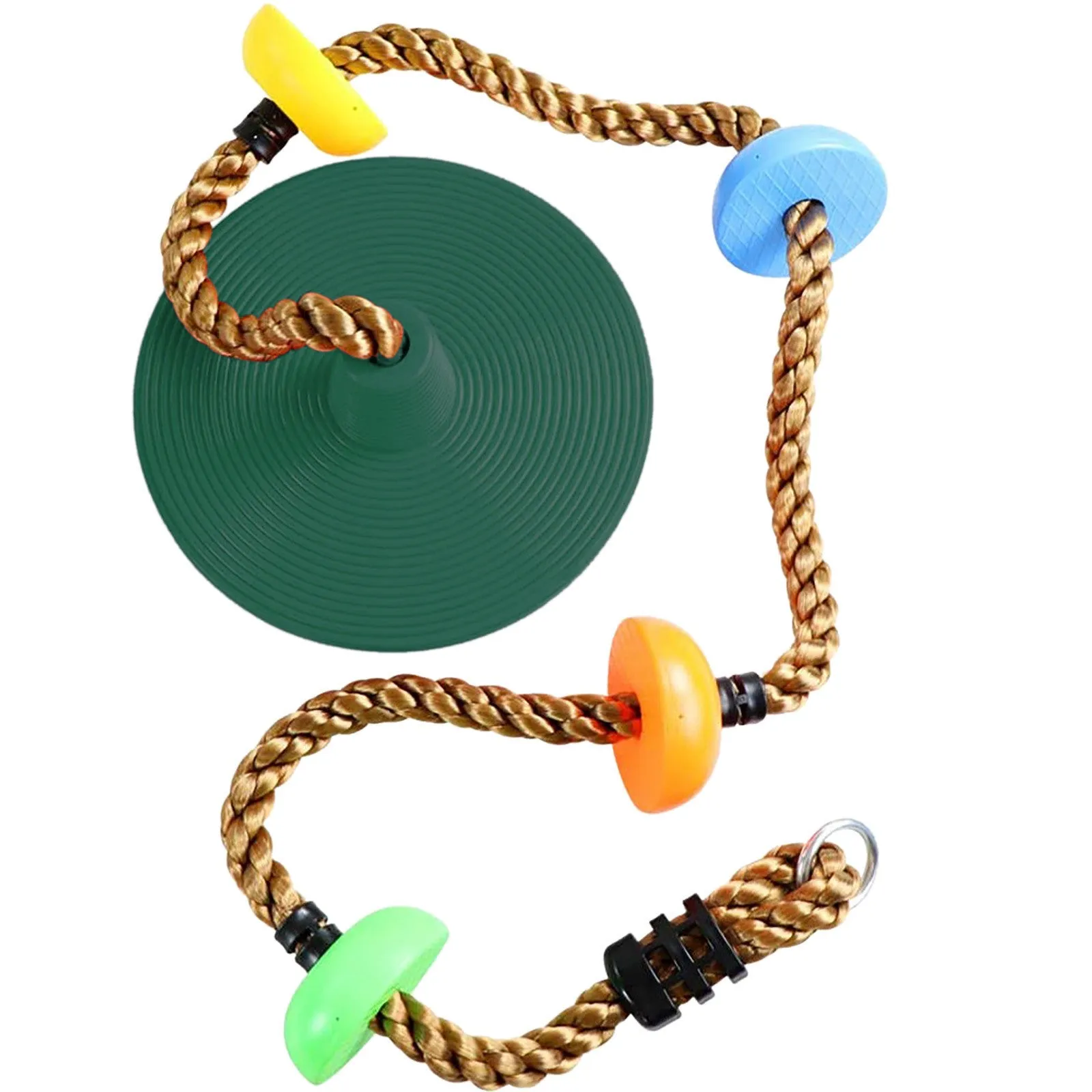 Plastic children's swing set with four colour-coded platform discs and rope for outdoor play