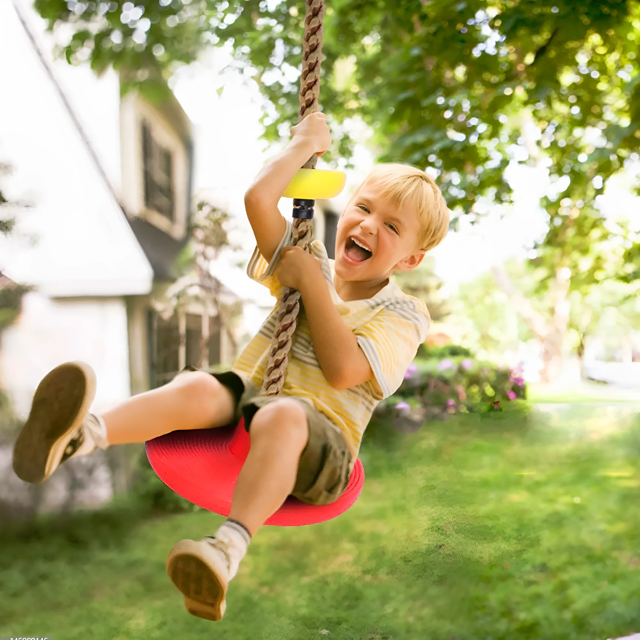 Plastic children's swing set with four colour-coded platform discs and rope for outdoor play