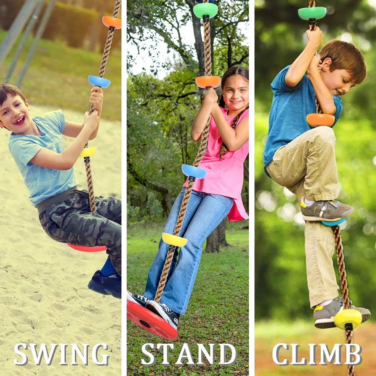Plastic children's swing set with four colour-coded platform discs and rope for outdoor play