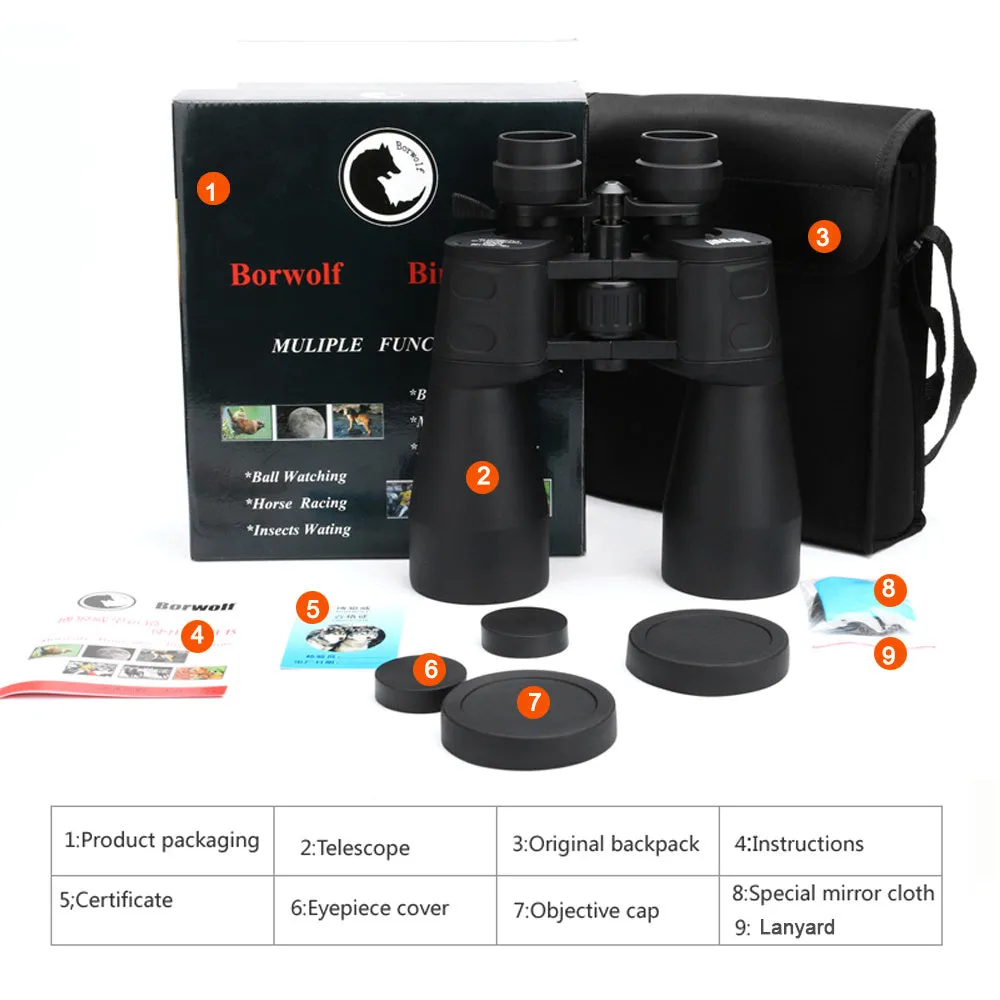 Black high-definition binocular telescope with 10-60x zoom and 60mm objective lens low light night vision