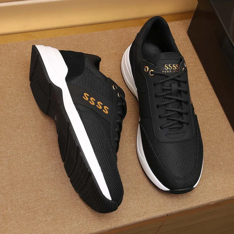 Men's black leather sneakers first layer cowhide upper round toe rubber sole