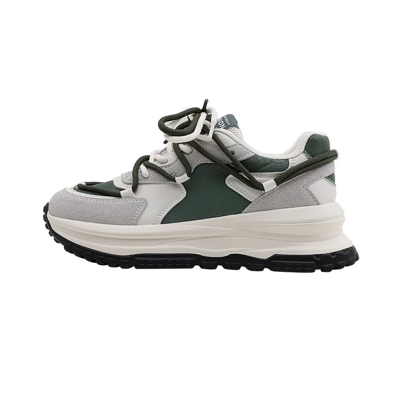 Men's and women's retro platform sneakers in banana green with suede upper, cross strap, and lace-up closure