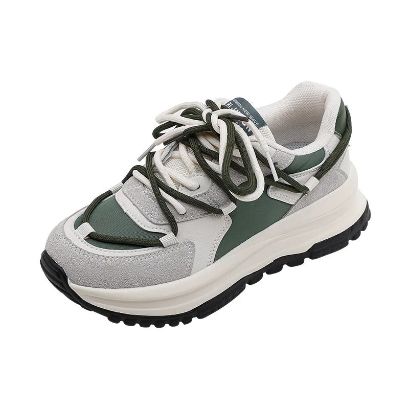 Men's and women's retro platform sneakers in banana green with suede upper, cross strap, and lace-up closure