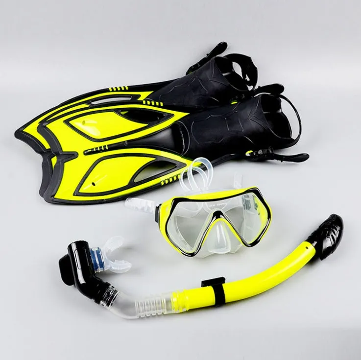 Snorkeling set with full dry snorkel, silicone goggles, and ankle fins in black