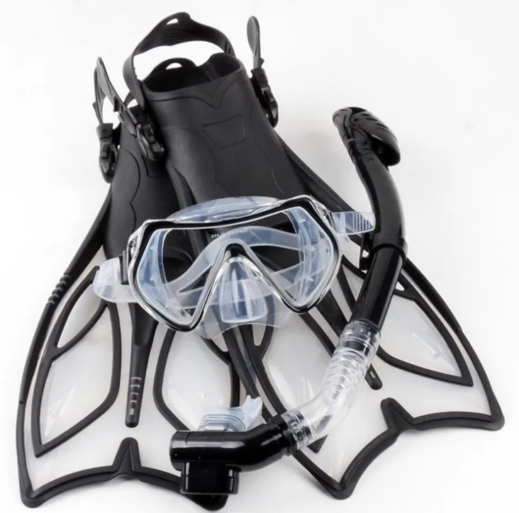 Snorkeling set with full dry snorkel, silicone goggles, and ankle fins in black