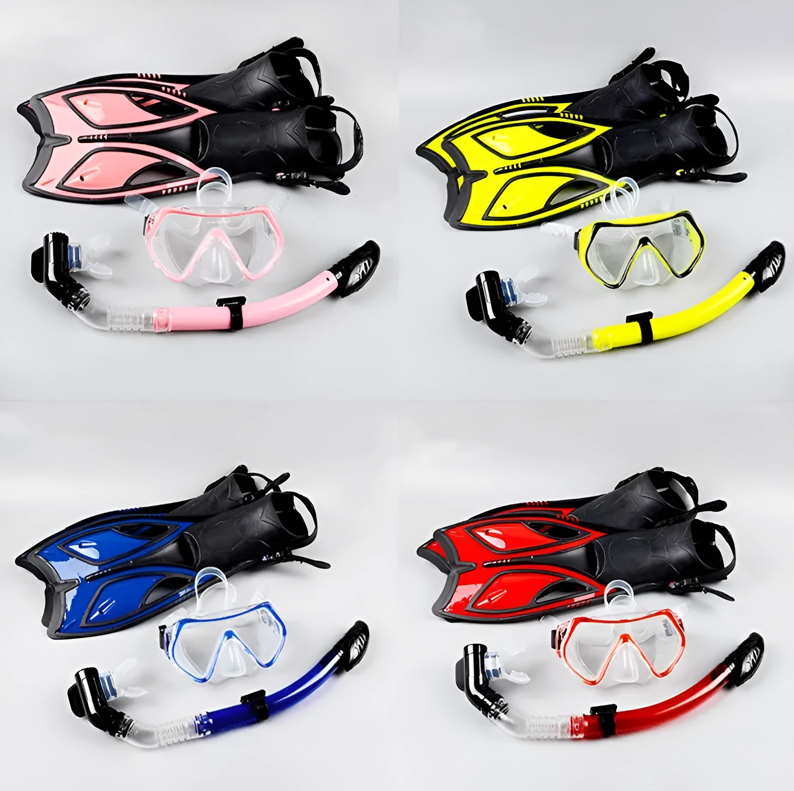 Snorkeling set with full dry snorkel, silicone goggles, and ankle fins in black