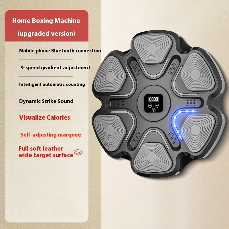 Smart music boxing machine wall target with LED lights and focus gloves on white wall.