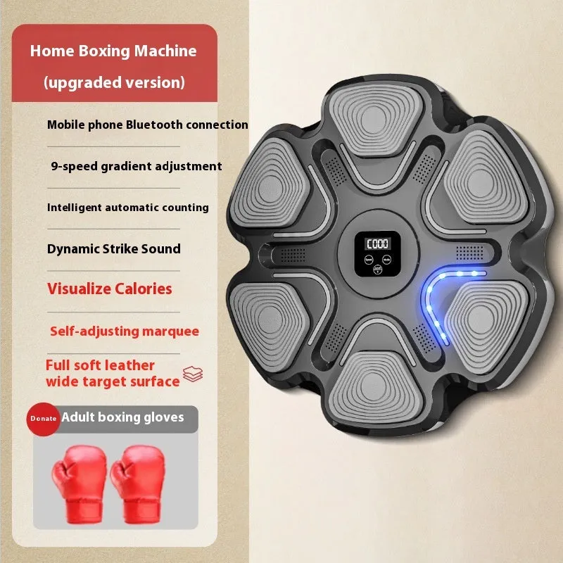 Smart music boxing machine wall target with LED lights and focus gloves on white wall.