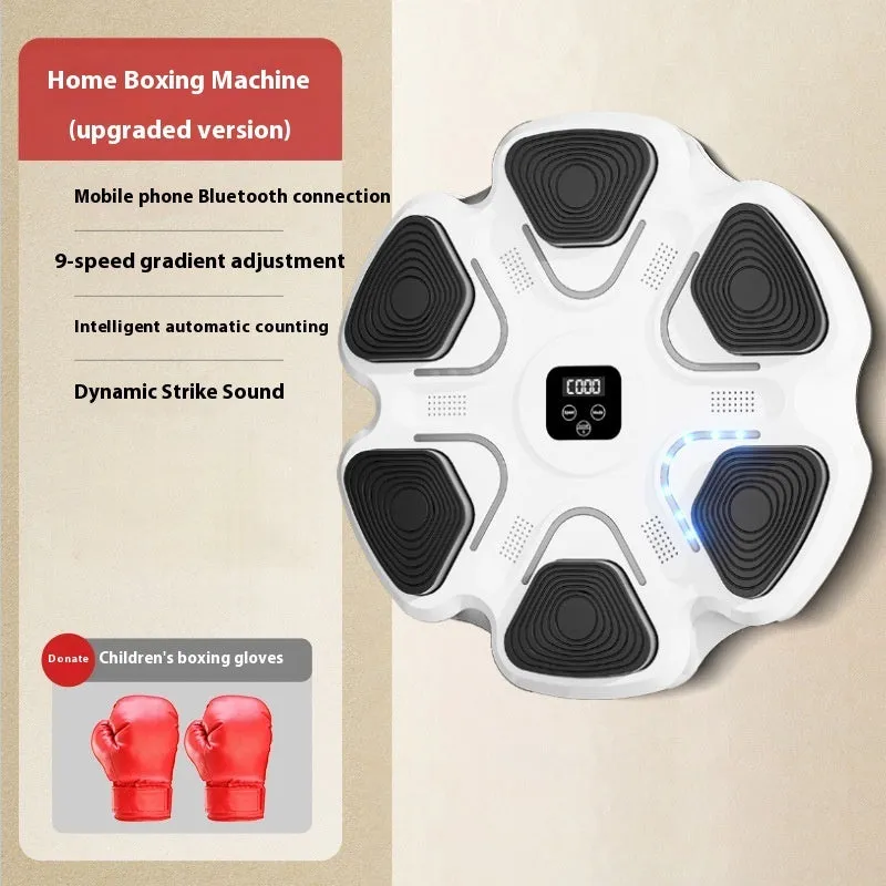 Smart music boxing machine wall target with LED lights and focus gloves on white wall.