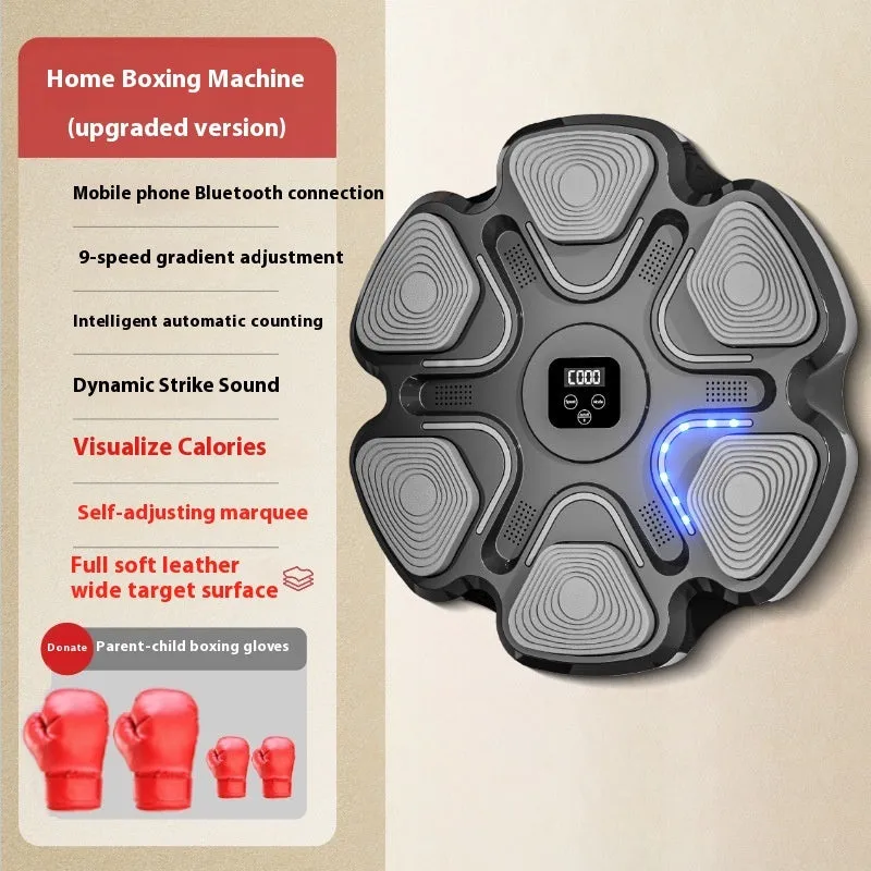 Smart music boxing machine wall target with LED lights and focus gloves on white wall.