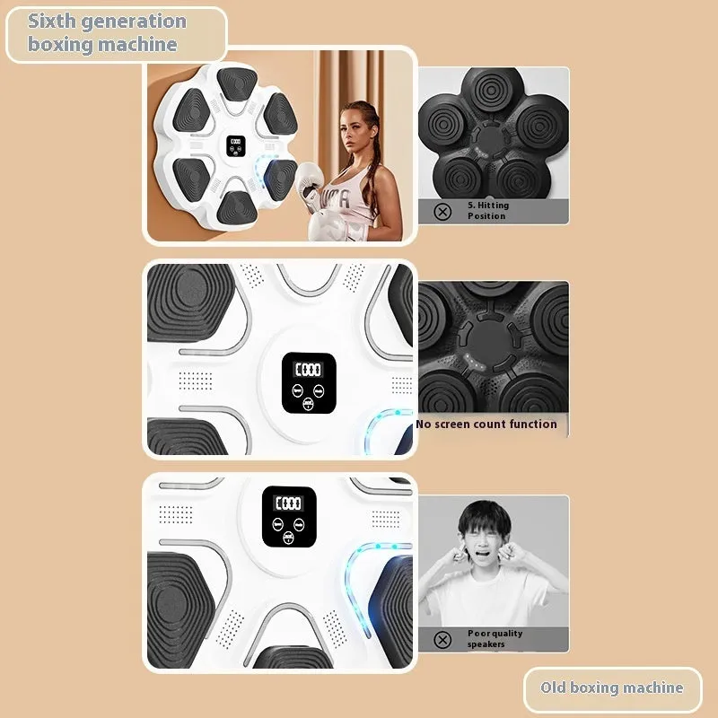 Smart music boxing machine wall target with LED lights and focus gloves on white wall.