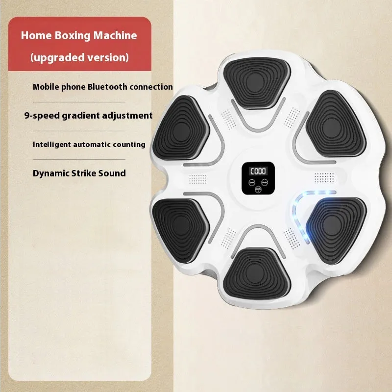 Smart music boxing machine wall target with LED lights and focus gloves on white wall.