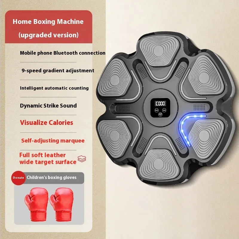 Smart music boxing machine wall target with LED lights and focus gloves on white wall.