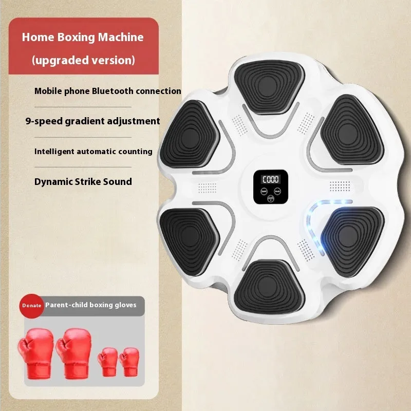 Smart music boxing machine wall target with LED lights and focus gloves on white wall.