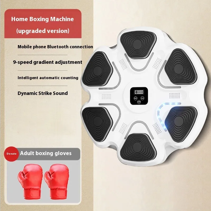 Smart music boxing machine wall target with LED lights and focus gloves on white wall.
