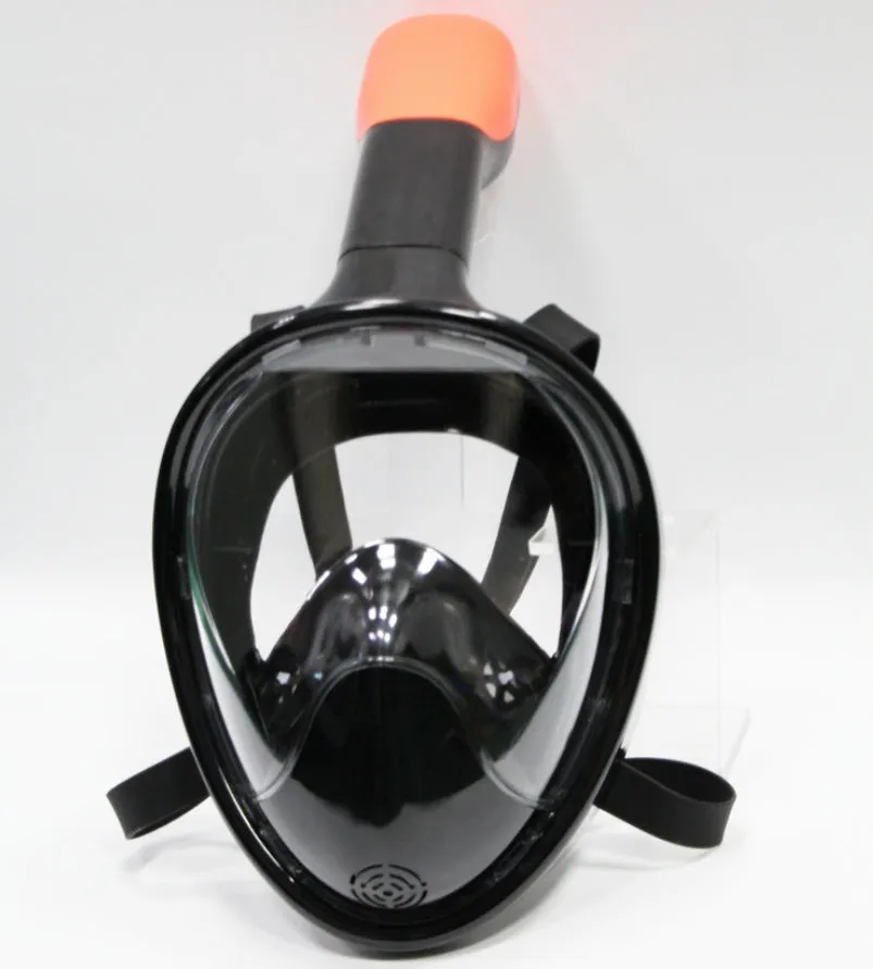 Full face silicone snorkeling mask with dry snorkel and GoPro mount in black colour on white background