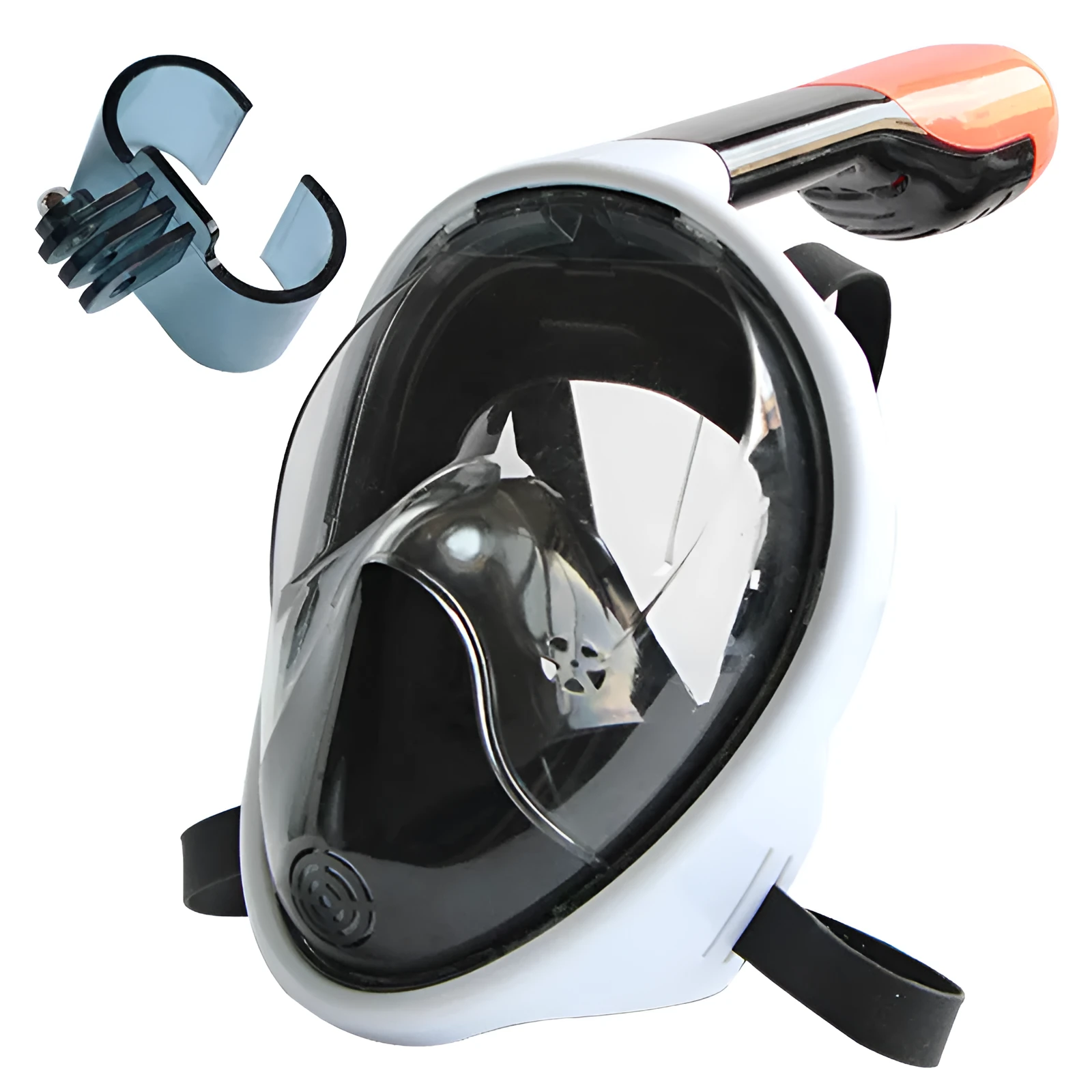 Full face silicone snorkeling mask with dry snorkel and GoPro mount in black colour on white background