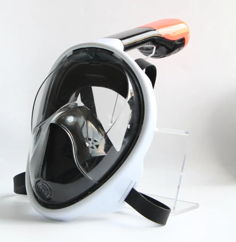 Full face silicone snorkeling mask with dry snorkel and GoPro mount in black colour on white background