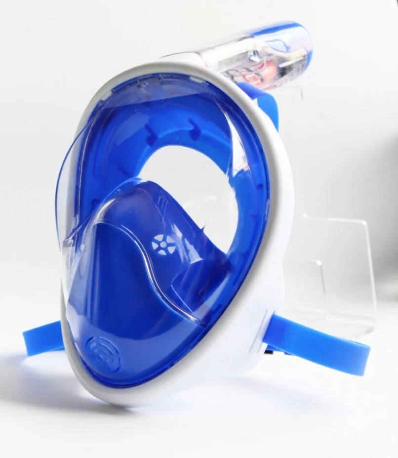 Full face silicone snorkeling mask with dry snorkel and GoPro mount in black colour on white background