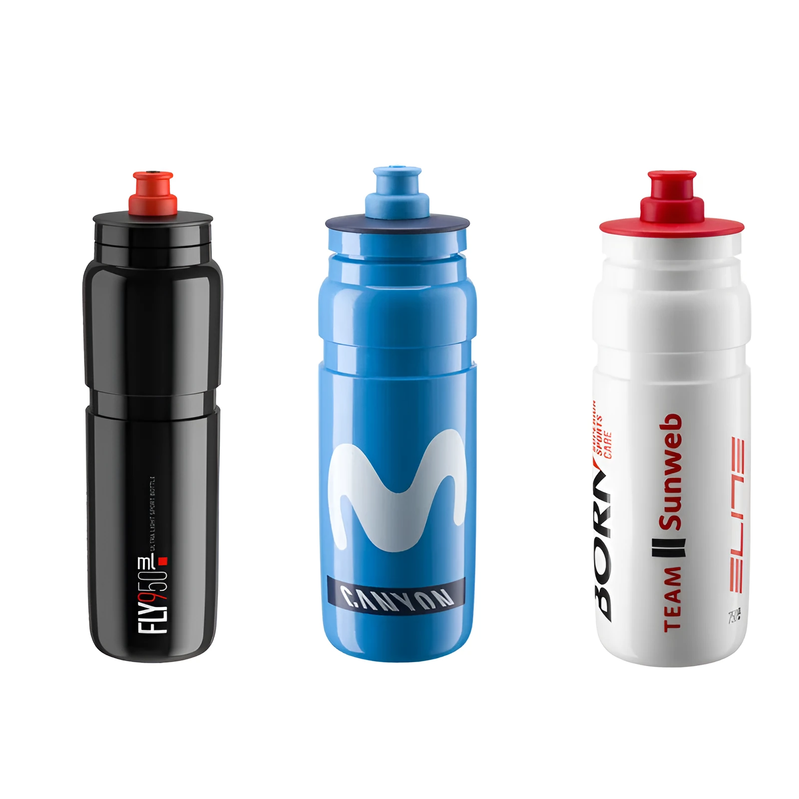 Plastic cycling water bottle with push-type cap in Ineos and Movistar colours, 550ml and 750ml sizes