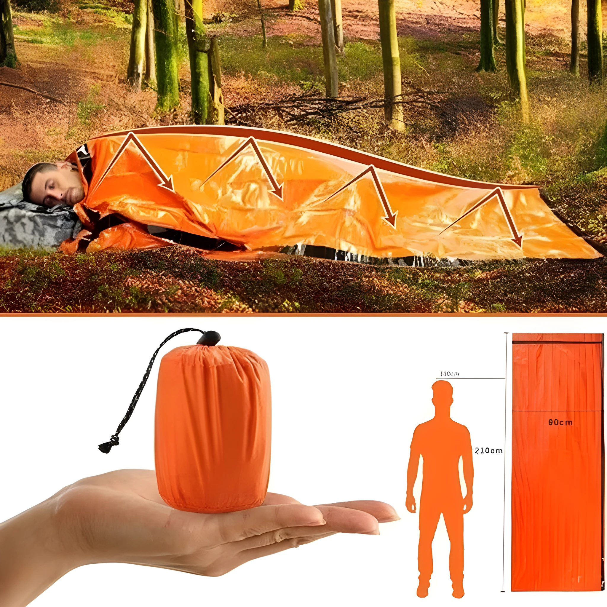 Orange aluminised emergency sleeping bag 203 x 90 cm for outdoor survival