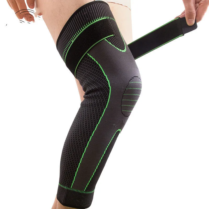 Green long straps knee pads with non-slip leggings for sports protection on a white background