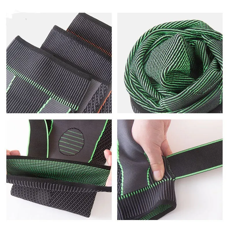 Green long straps knee pads with non-slip leggings for sports protection on a white background