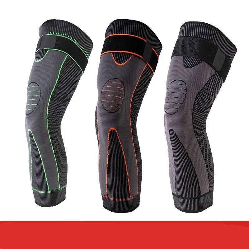 Green long straps knee pads with non-slip leggings for sports protection on a white background