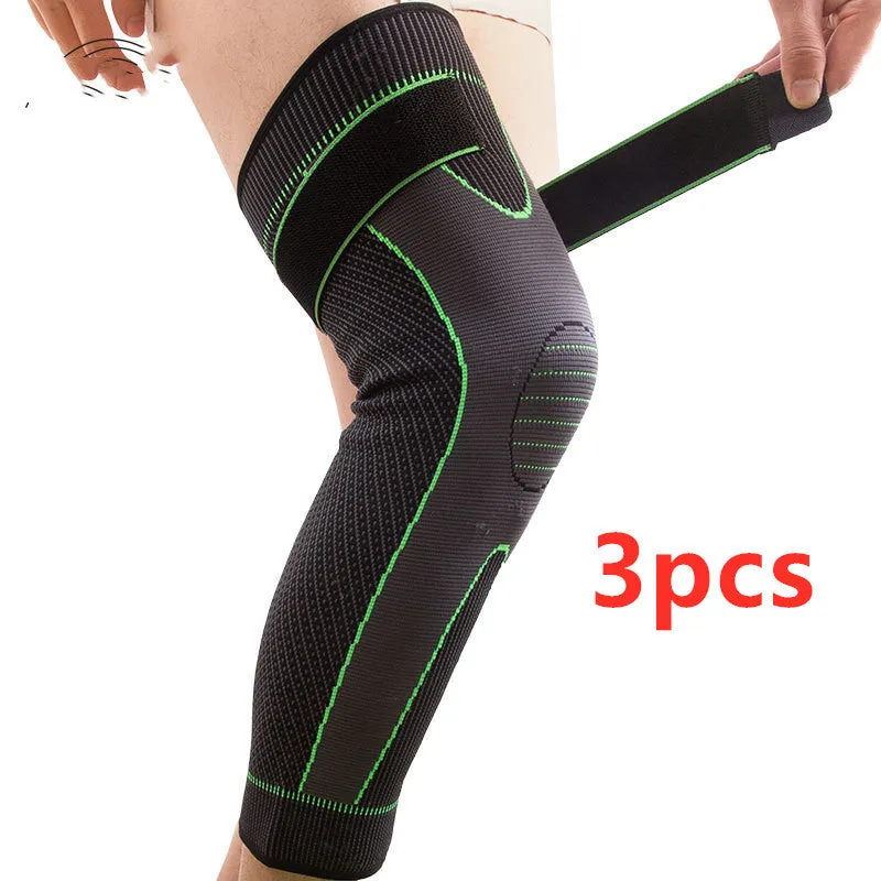 Green long straps knee pads with non-slip leggings for sports protection on a white background
