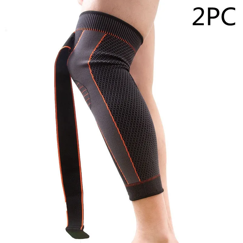 Green long straps knee pads with non-slip leggings for sports protection on a white background