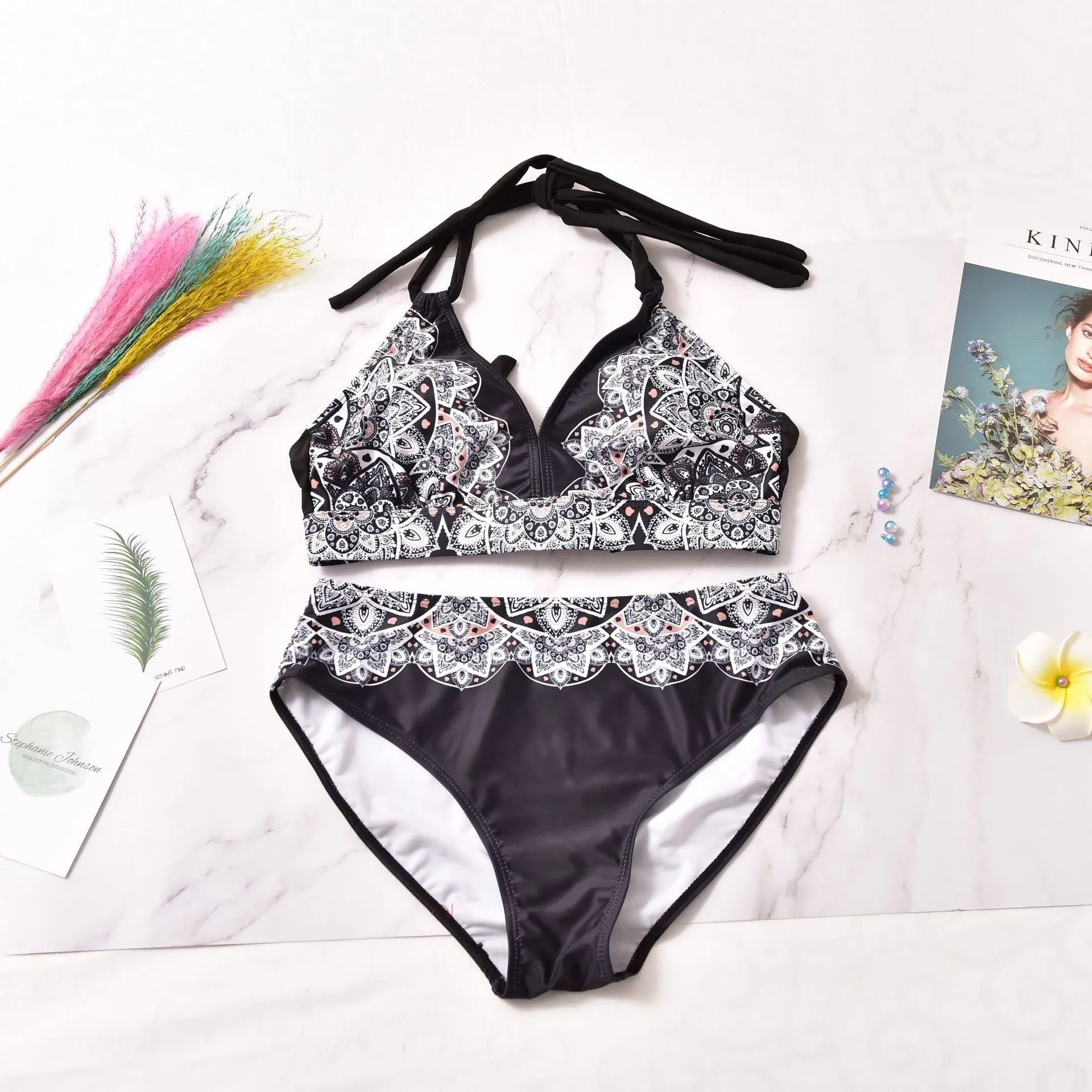 Printed split bikini in black, nylon fabric with high elasticity, quick-drying and tight fit with removable pads, sizes XL-5XL