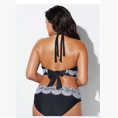 Printed split bikini in black, nylon fabric with high elasticity, quick-drying and tight fit with removable pads, sizes XL-5XL