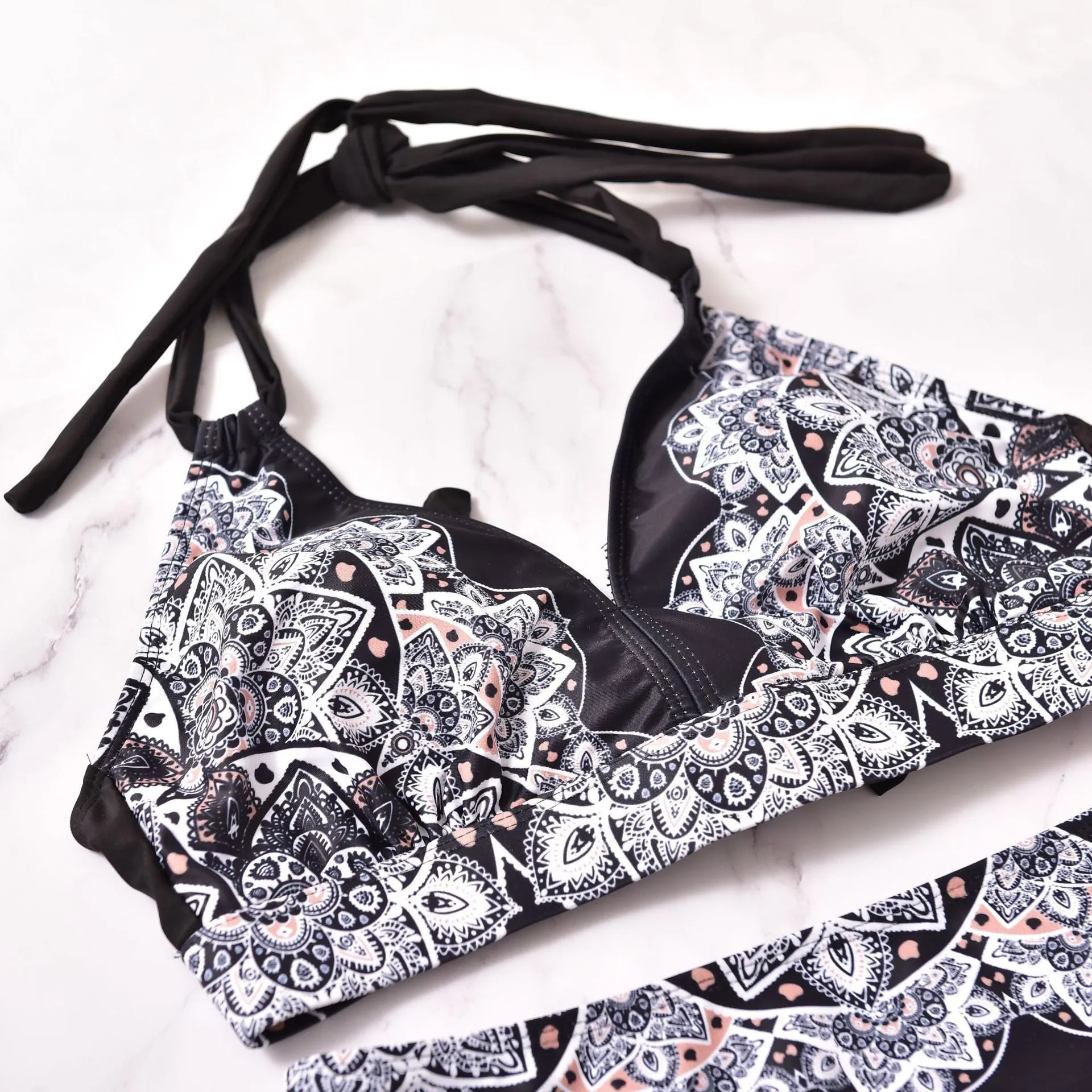 Printed split bikini in black, nylon fabric with high elasticity, quick-drying and tight fit with removable pads, sizes XL-5XL