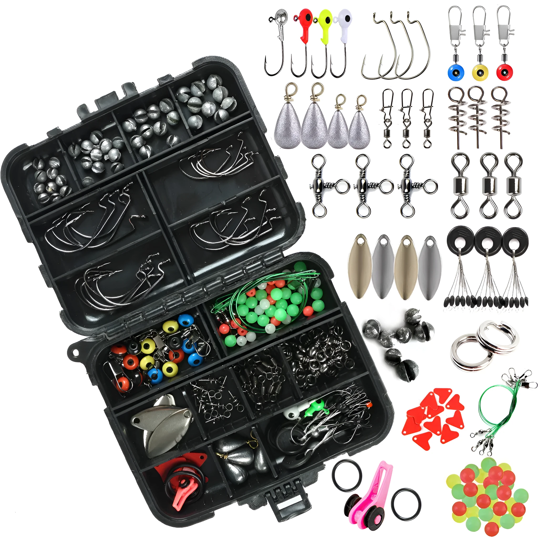 Black compact case with 188 piece stainless steel fishing accessories set, dimensions 4.7 x 3.9 x 1.2 inches