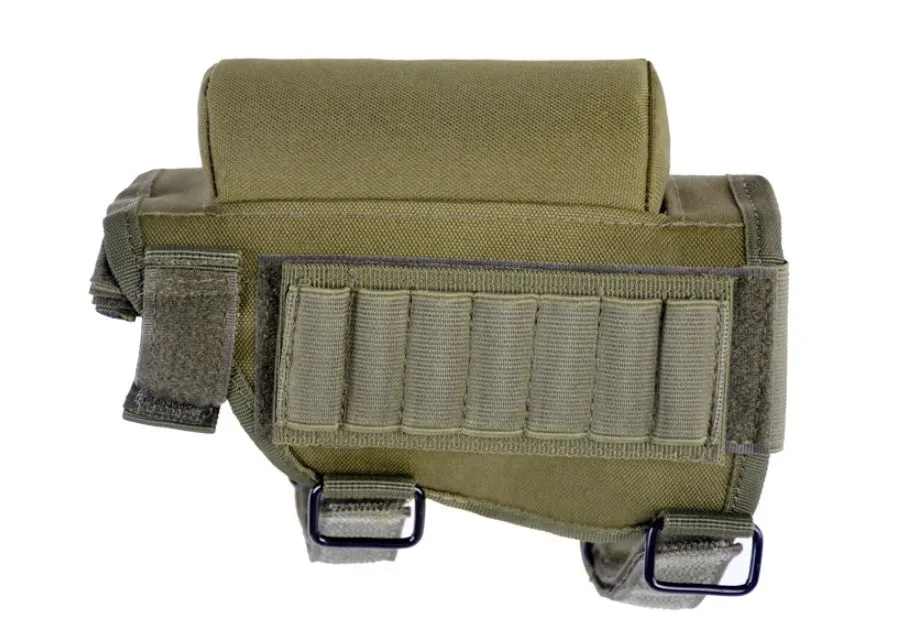 Adjustable buttstock cheek rest with non-slip padding pad and seven-round cartridge holder in army green