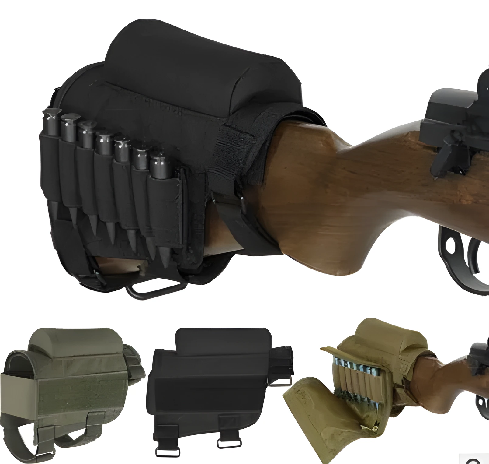 Adjustable buttstock cheek rest with non-slip padding pad and seven-round cartridge holder in army green